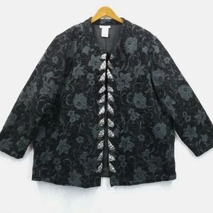 Ulla‎ Popken Jacket Women 20/22 Black Floral Jacquard Open Relaxed Fit Lined